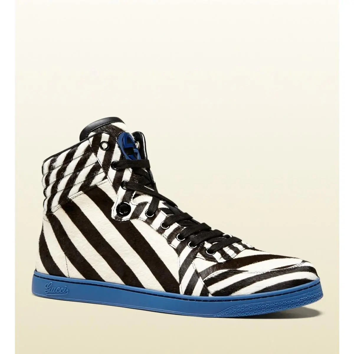Mens Zebra Print Calf Hair High-top Sneaker 353412 Black/White/Blue/9092 by Gucci