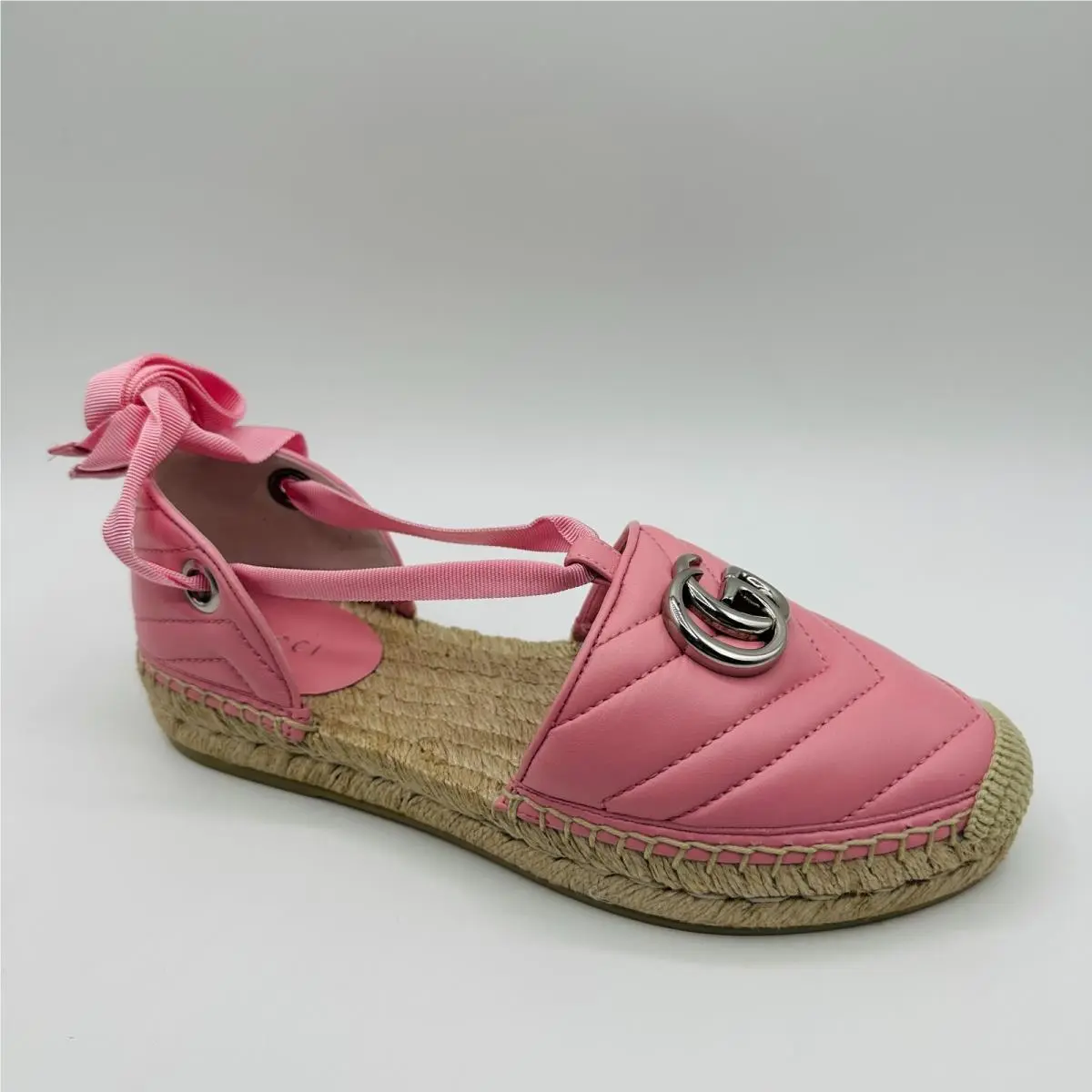 Women`s Pink Leather Raffia GG Marmont Espadrille Flat Sandals 628148 5815 by Gucci