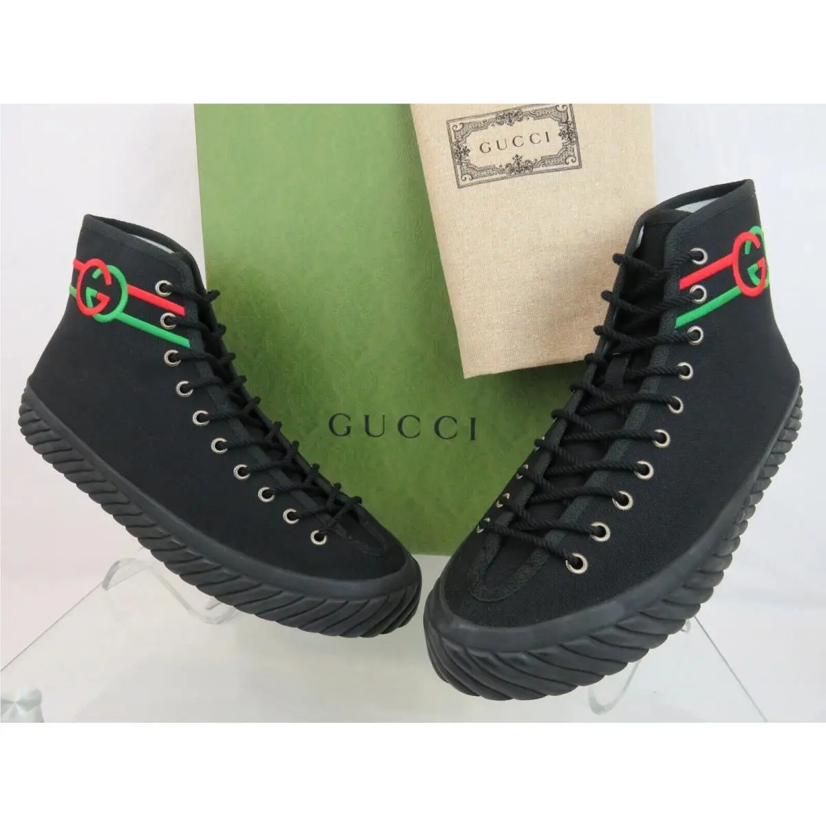 Gucci 703033 Black Canvas Red Green GG Logo High Top Sneakers 9.5