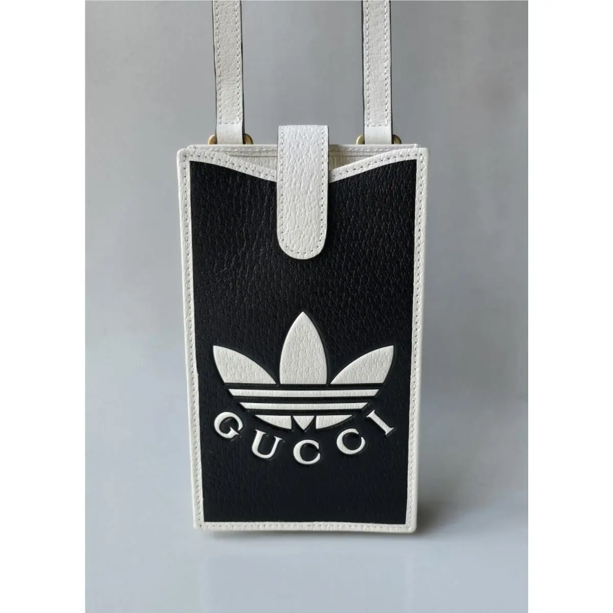 Gucci Adidas Black Leather Phone Case Crossbody Strap Bag White Trefoil Logo