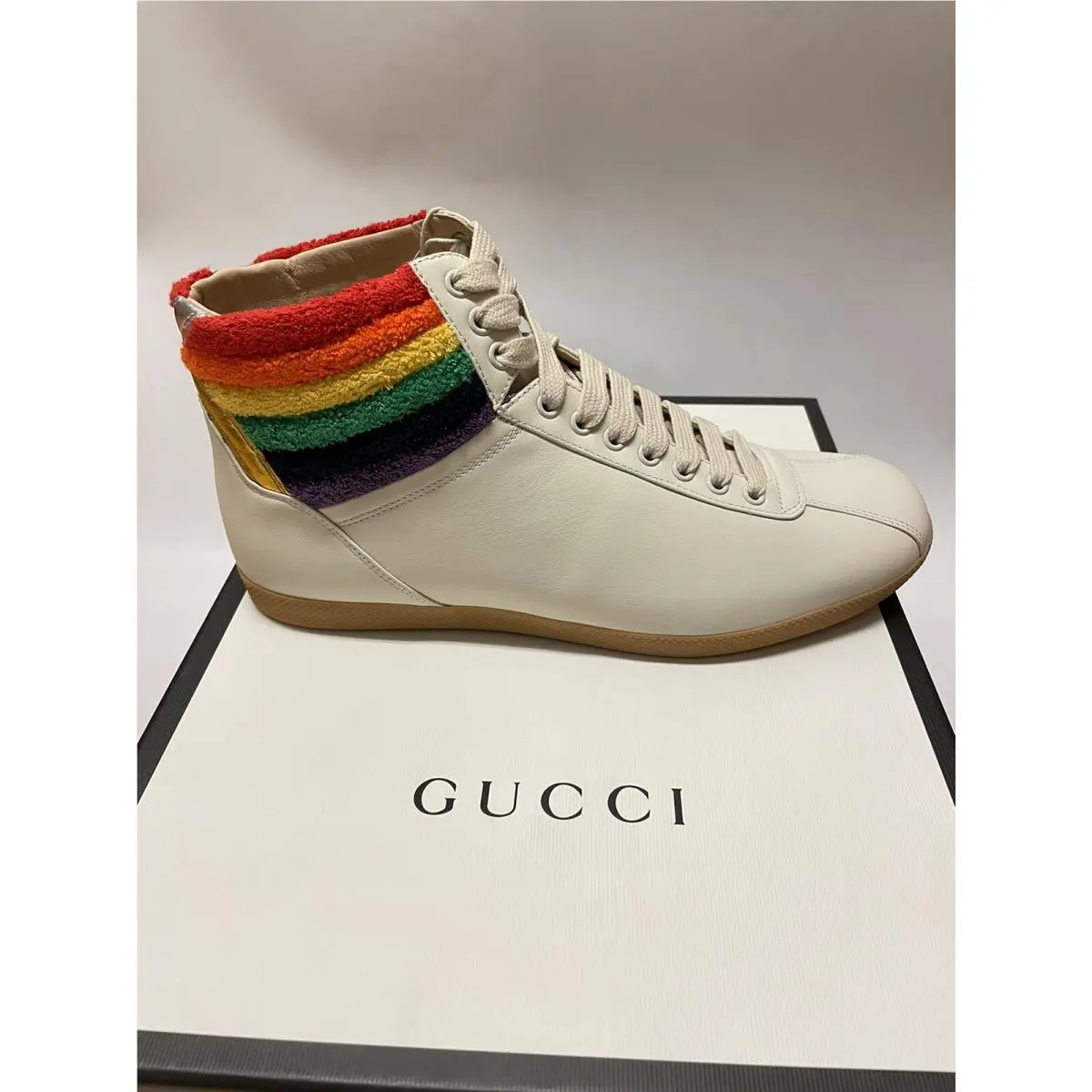 Gucci Men`s Rainbow Collar Leather High-top Sneakers Cream Size 10 US