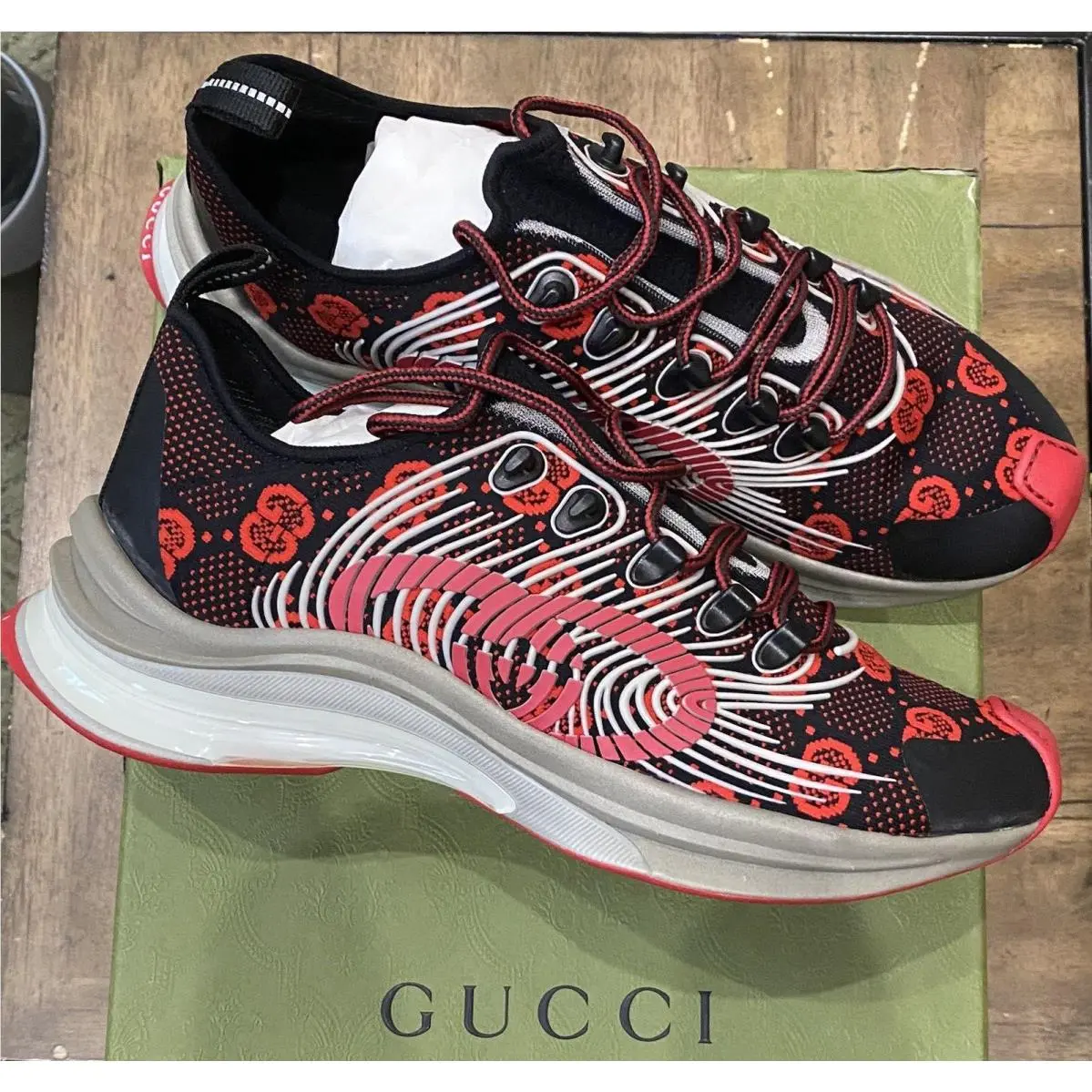 Gucci Run G Logo GG Technical Knit Run Red /black/gray Sz 10 / US 10.5