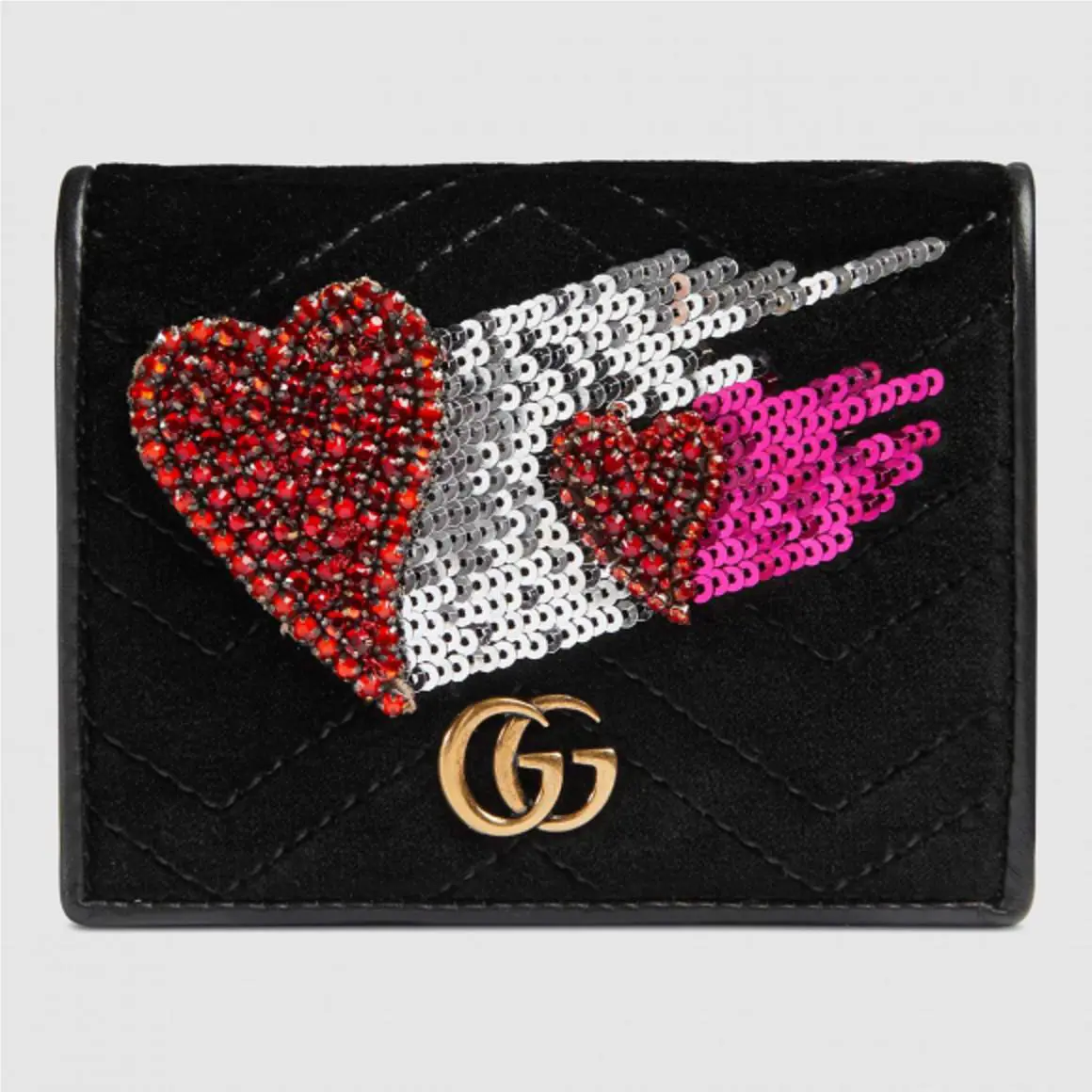 Gucci Limited Marmont Black Velvet Card Case Wallet W/crystal Hearts 466492 1093