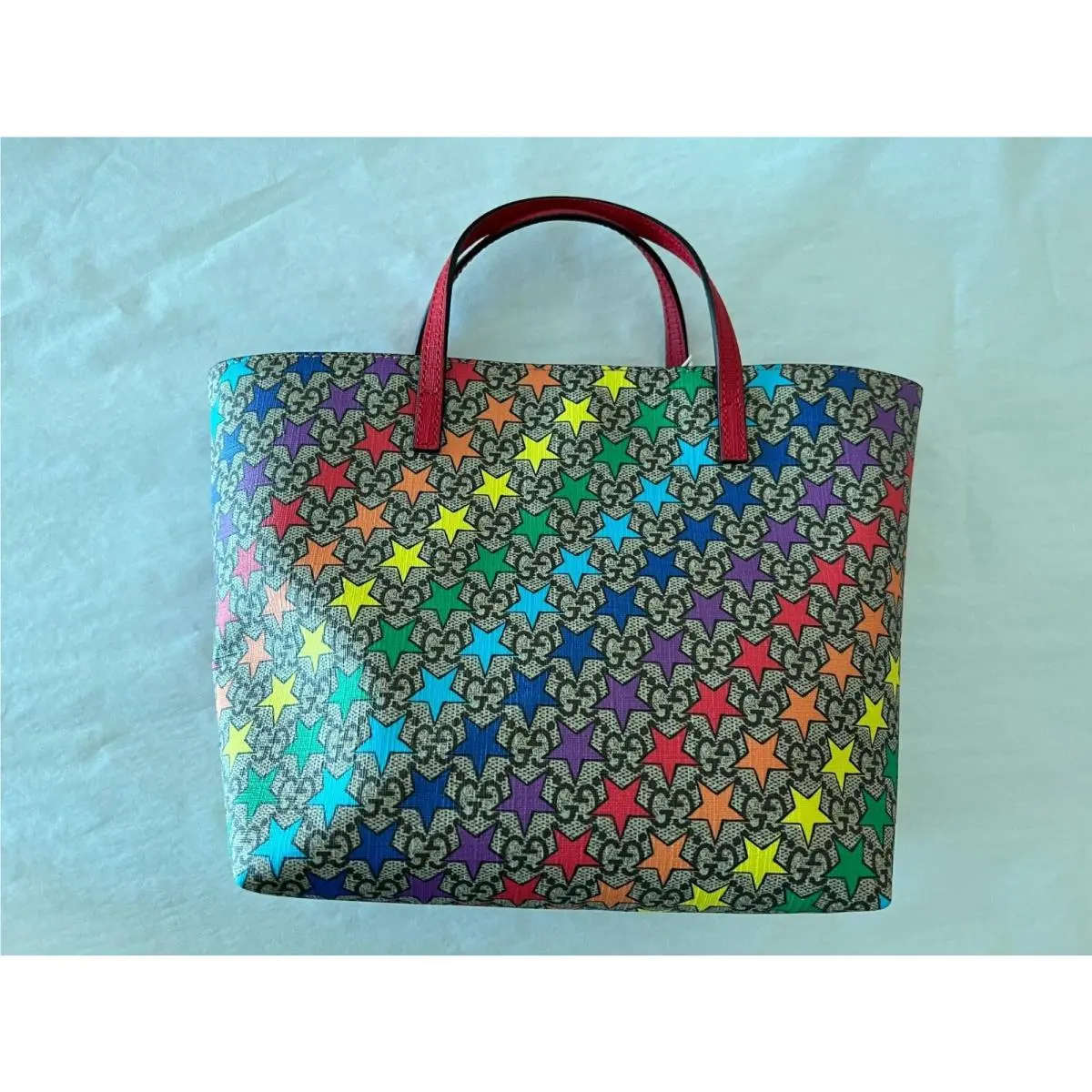Gucci Rainbow Stars Leather Supreme Tote Handbag Bag Red Small Purse Italy