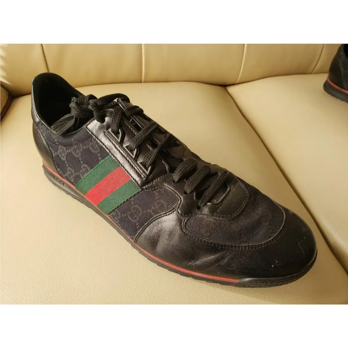 Gucci Luxury Black Flag Canvas Leather Sneaker Men 10G UK / 11G US Ret 200