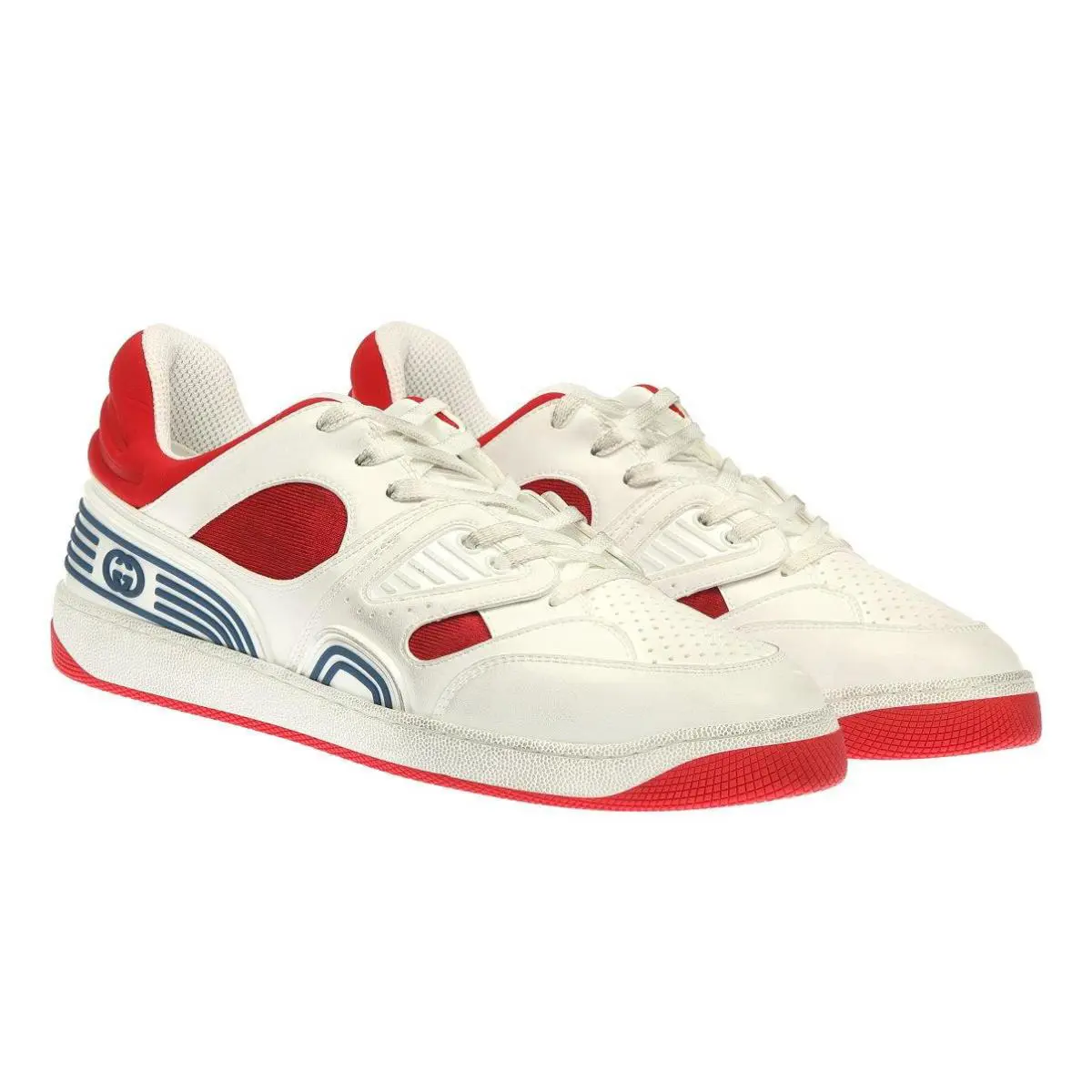 Gucci Men`s Basket Leather Logo Sneakers Low Top Shoes 7/US 7.5 - WHITE/RED/BLUE
