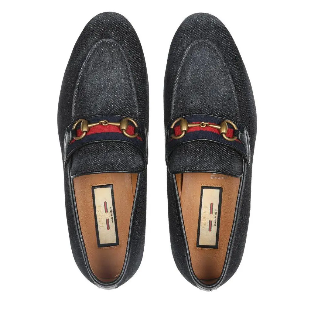 Gucci Denim Black Horsebit Web Loafers Dress Shoes 7.5/US 8 - BLACK DENIM