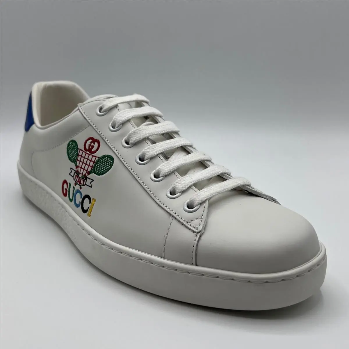 Men`s Ace Embroidered White Leather Lace-up Sneakers 7/US 7.5 603696 9096 by Gucci