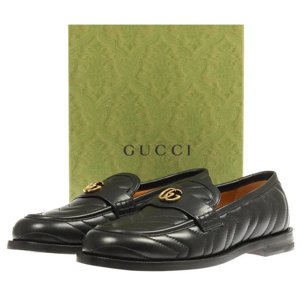 Gucci Men`s Black Leather Double G Chevron Leather Loafers Shoes 7/US 7.5