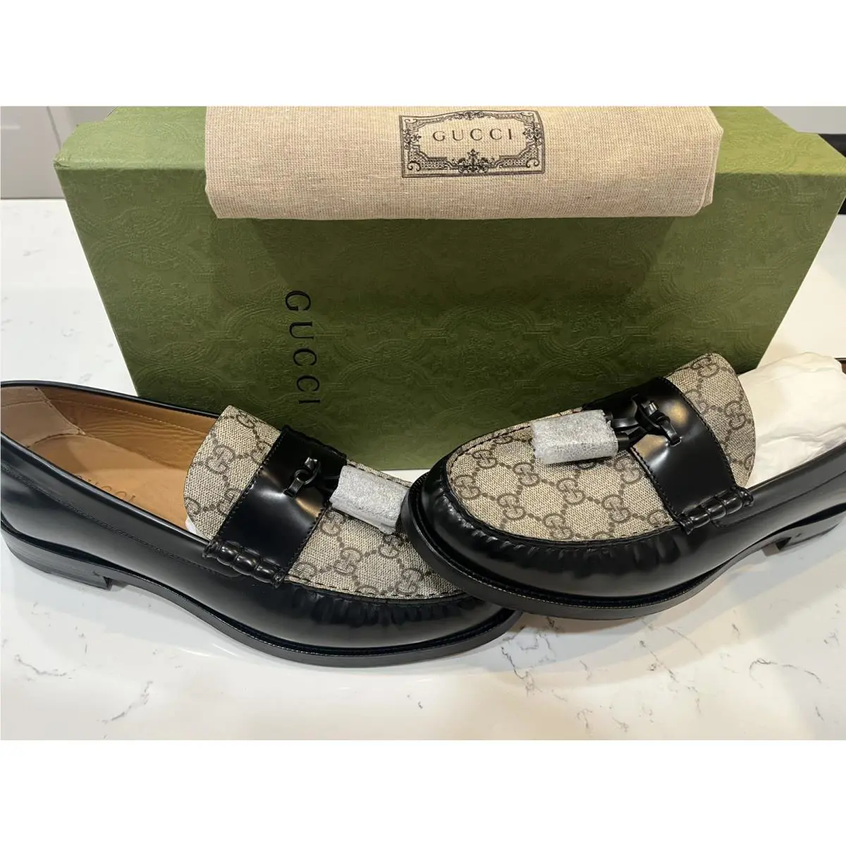 Gucci Mens GG Logo Leather Loafers Shoes Black/beige 13 US/12 UK