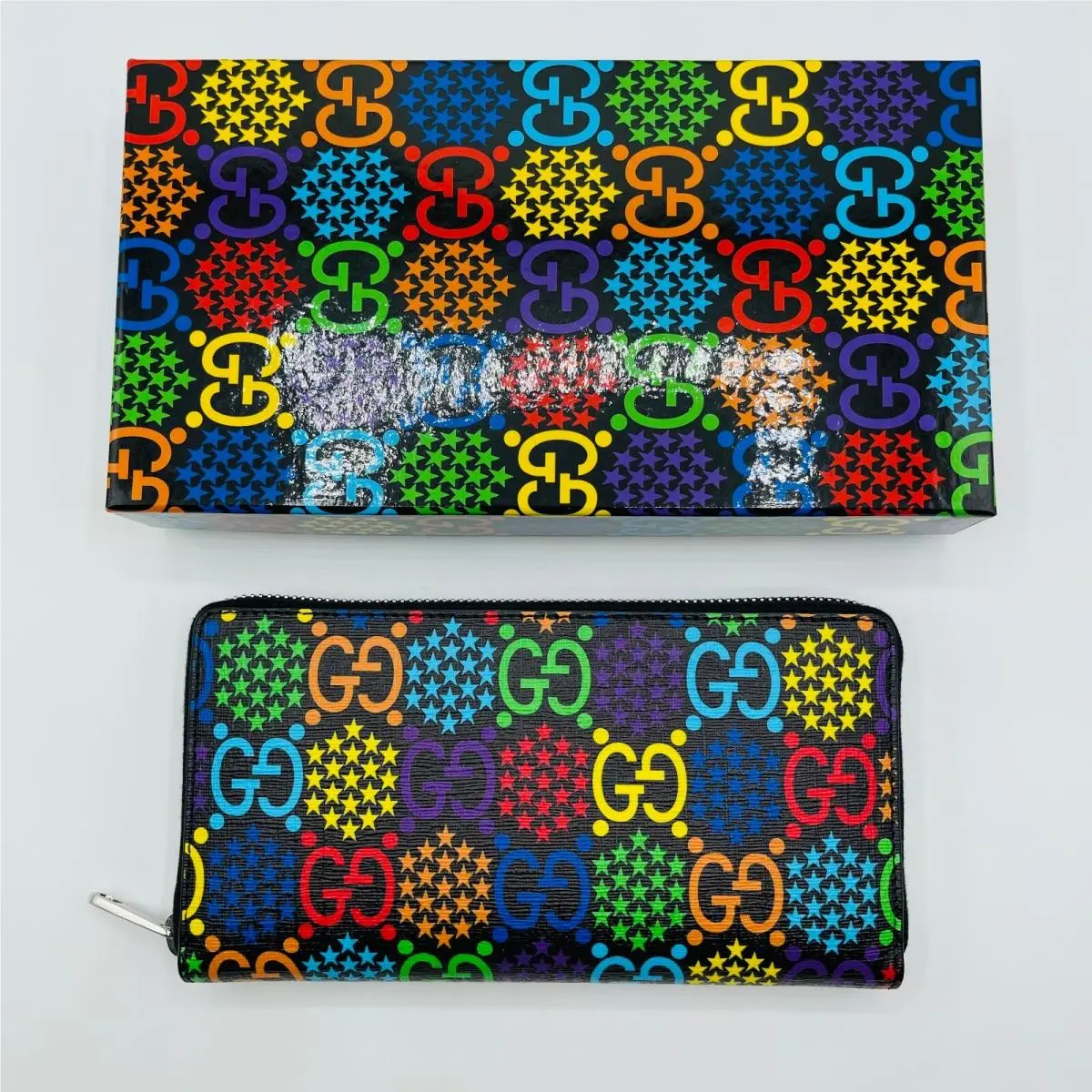 Gucci Black/rainbow Supreme GG Leather Psychedelic Zip Around Wallet 601079 1058