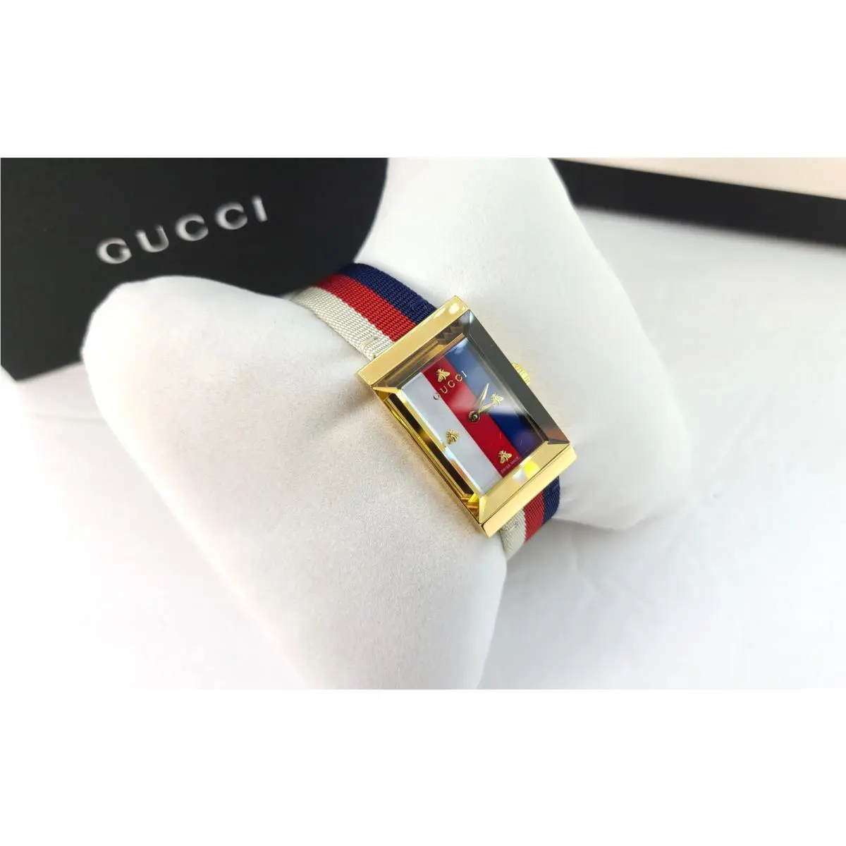 Gucci Rectangular Goldtone Stainless Steel 22mm Web-strap Women Watch W/box