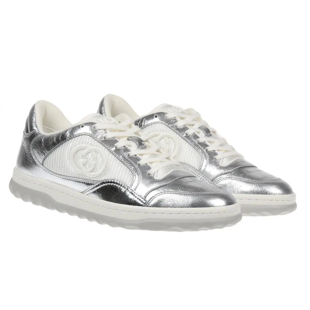 Gucci Ladies MAC80 Metallic Leather Logo Sneakers Shoes 37/US 7 - SILVER