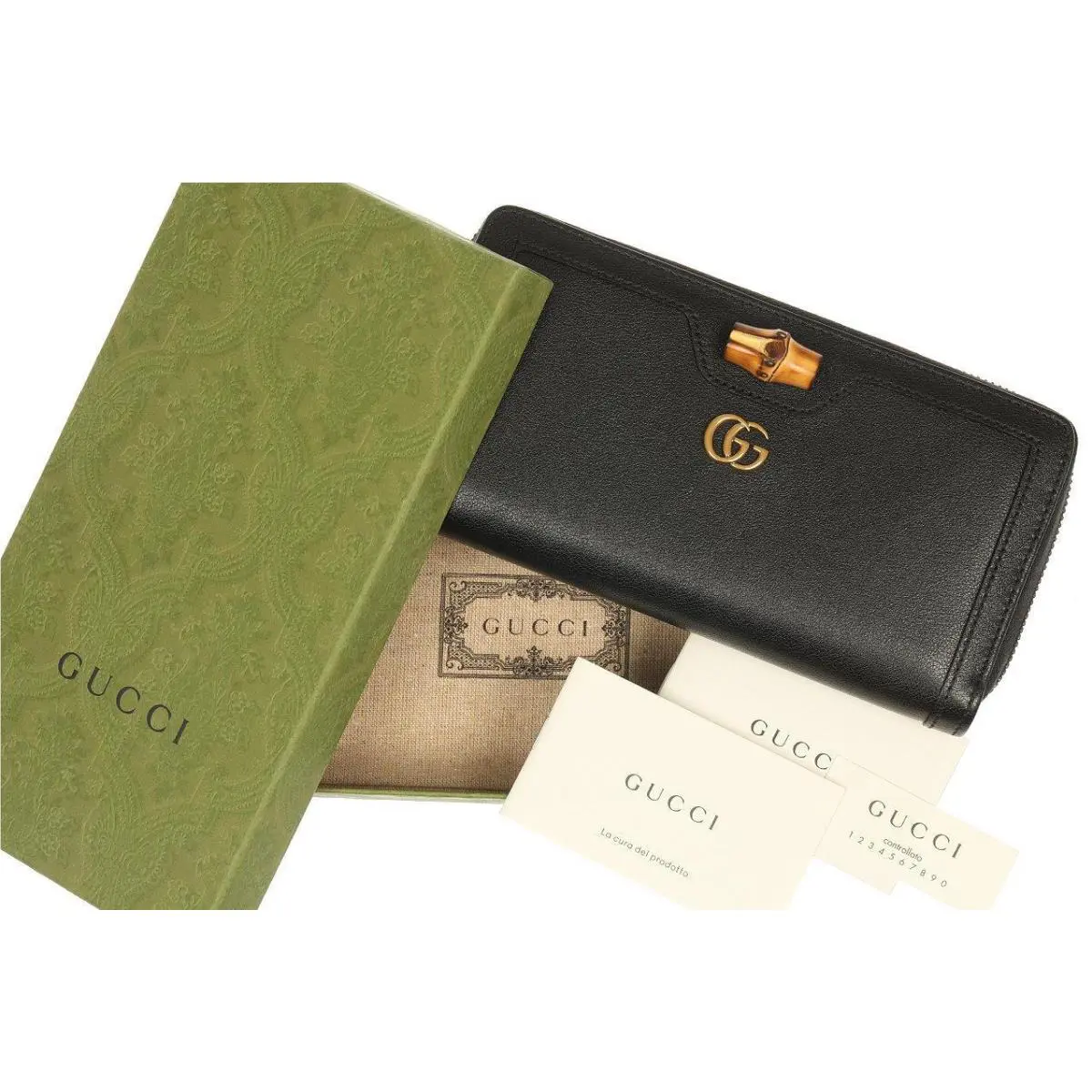 Gucci Diana Black Leather Logo Bambu Zip Around Wallet Clutch