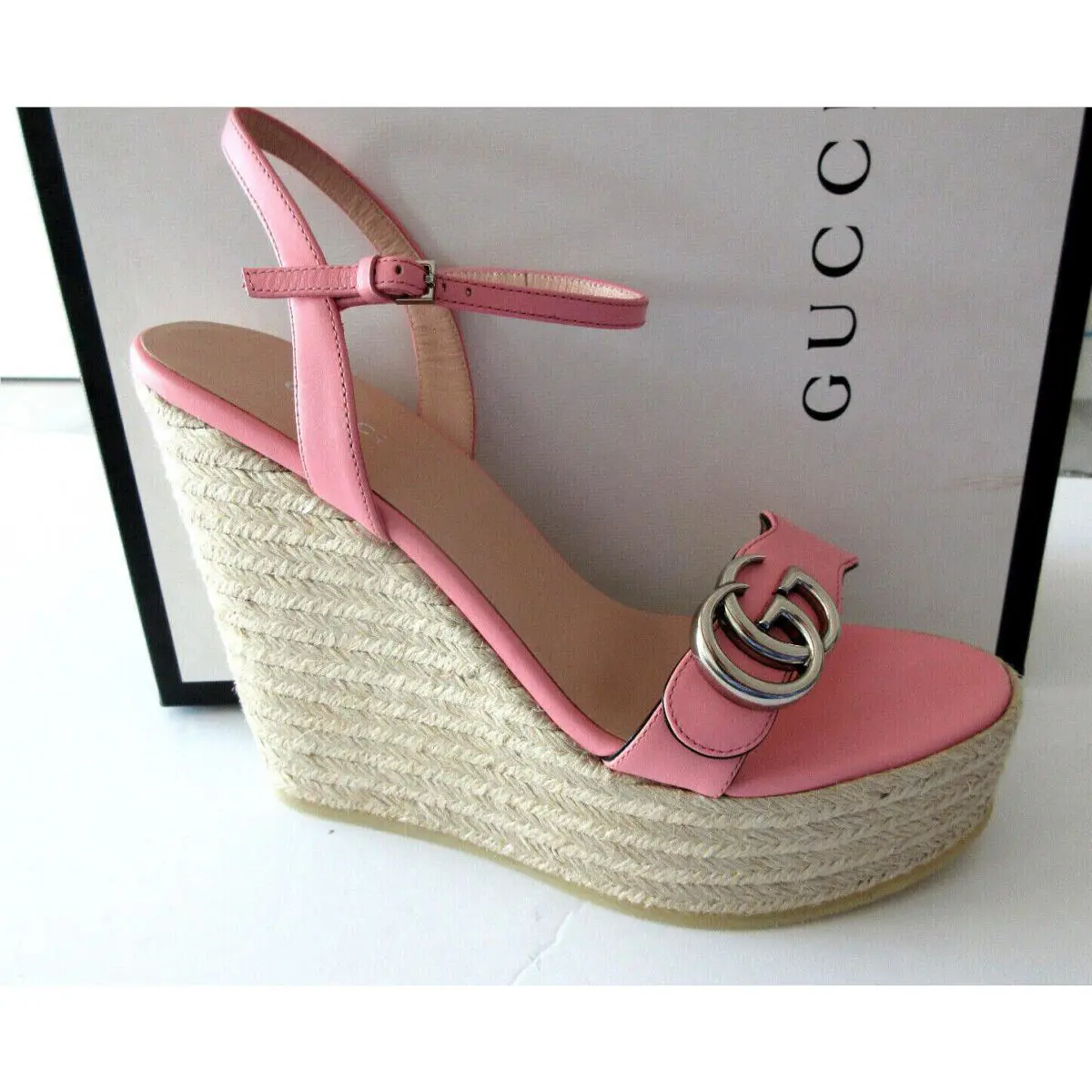 Marmont Pink GG Logo Platform Espadrille Wedges Sandals 39.5 9 by Gucci