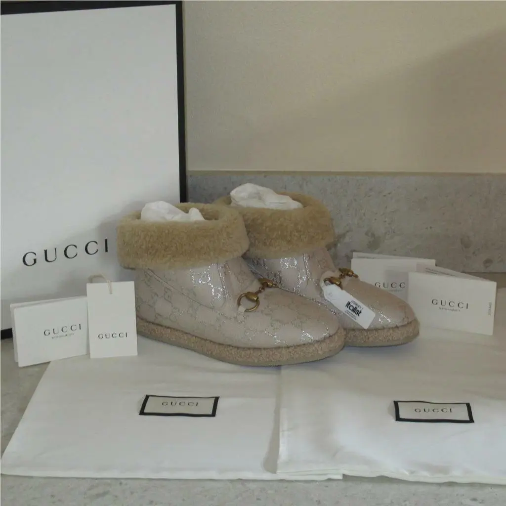 Gucci Horsebit GG Logo Beige Lurex Shearling Wool Boots Shoes 35.5 US 5.5