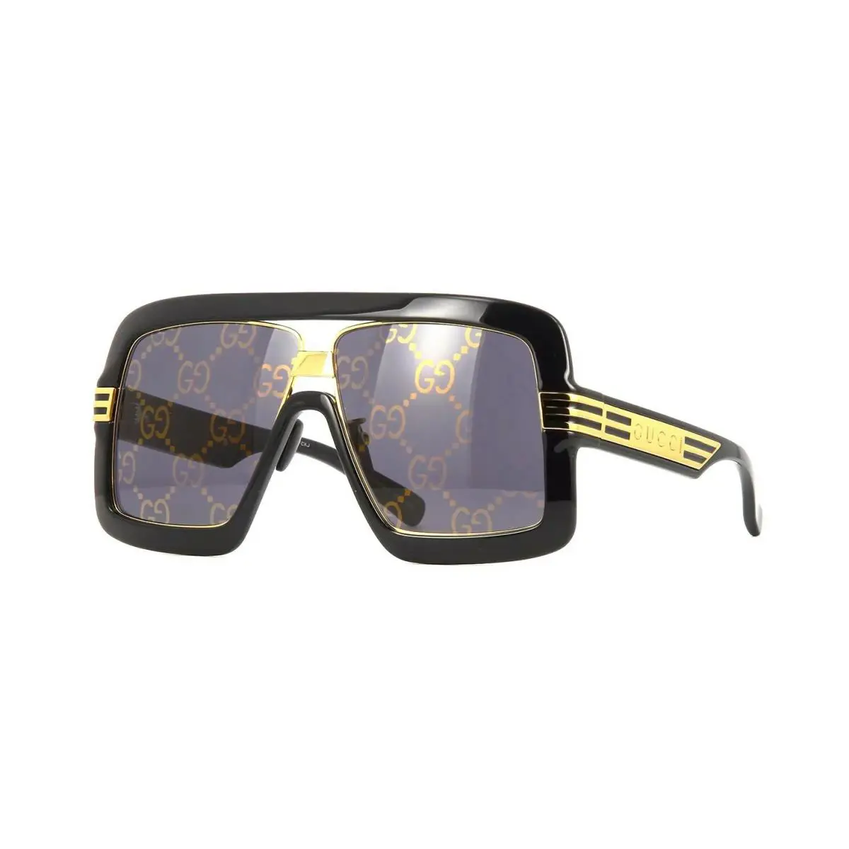 Gucci GG0900S Black Gold/grey with Gucci Monogram Pattern Gold Mirror Sunglasses