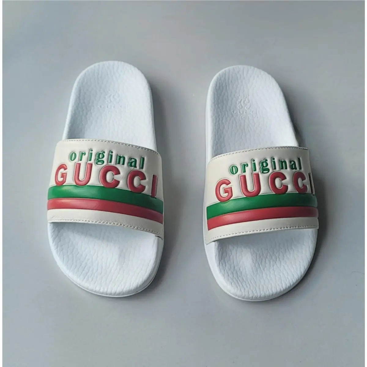 Gucci Kids White Green Red Stripe Logo Slides Shoes Size EU 30 US 12.5