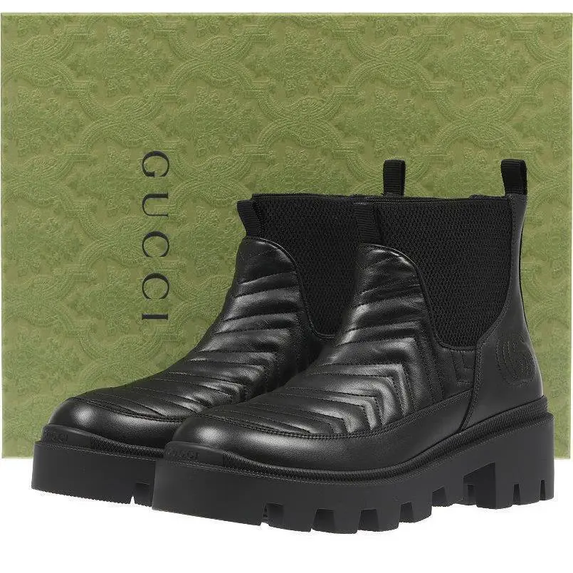 Gucci Black Chevron Leather GG Details Ankle Boots Shoes 36/US 6