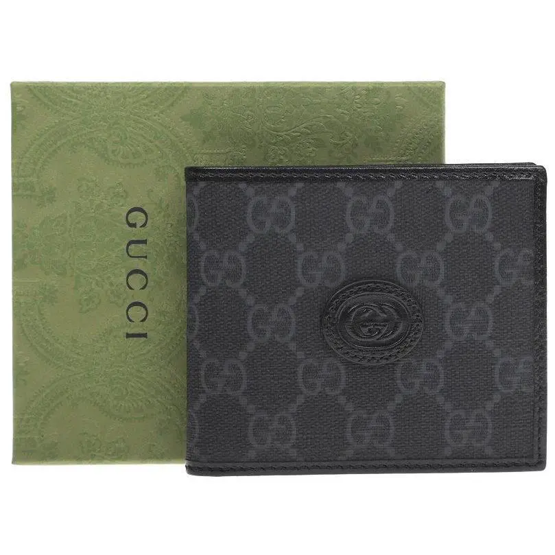 Gucci Men`s Black GG Supreme Canvas Interlocking G Bifold Wallet W/box