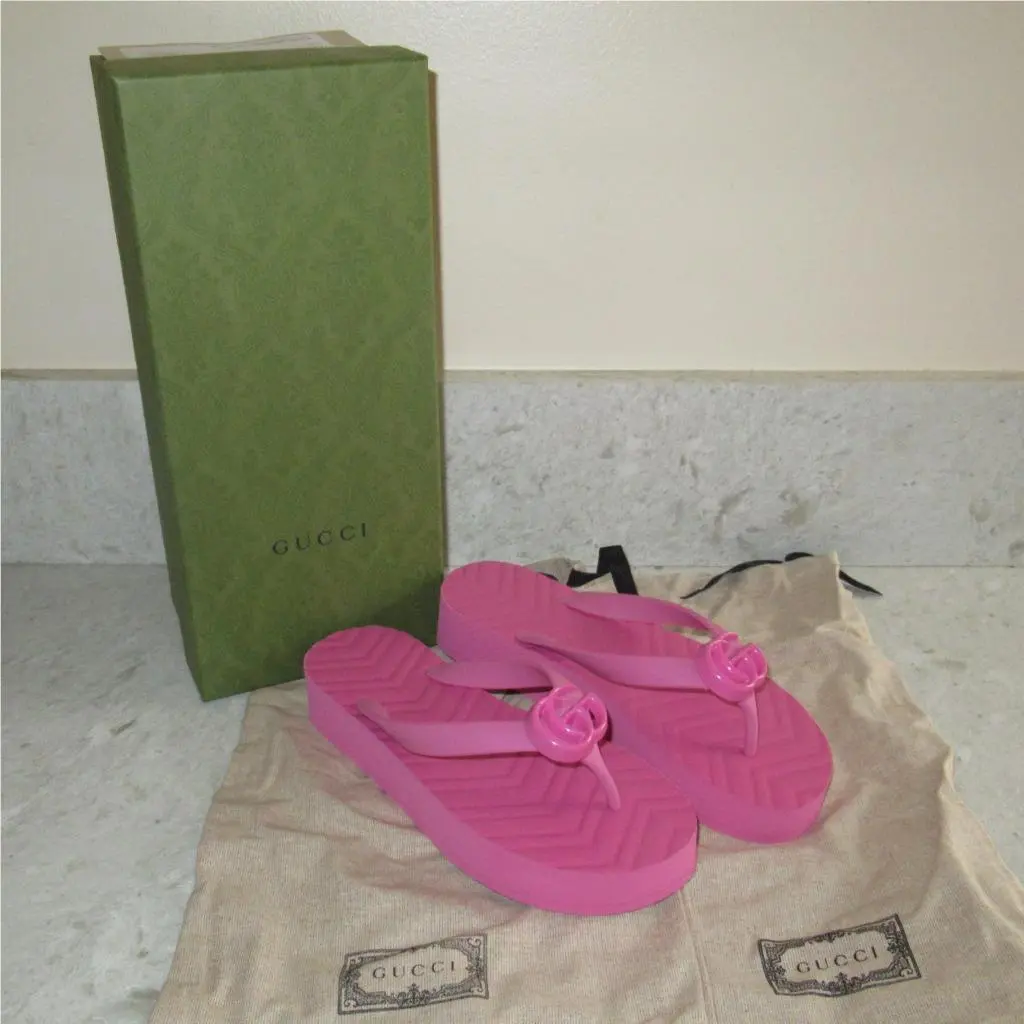 Box  GG Pink Platform Rubber Flip Flops Sandals 35 5 Shoes by Gucci