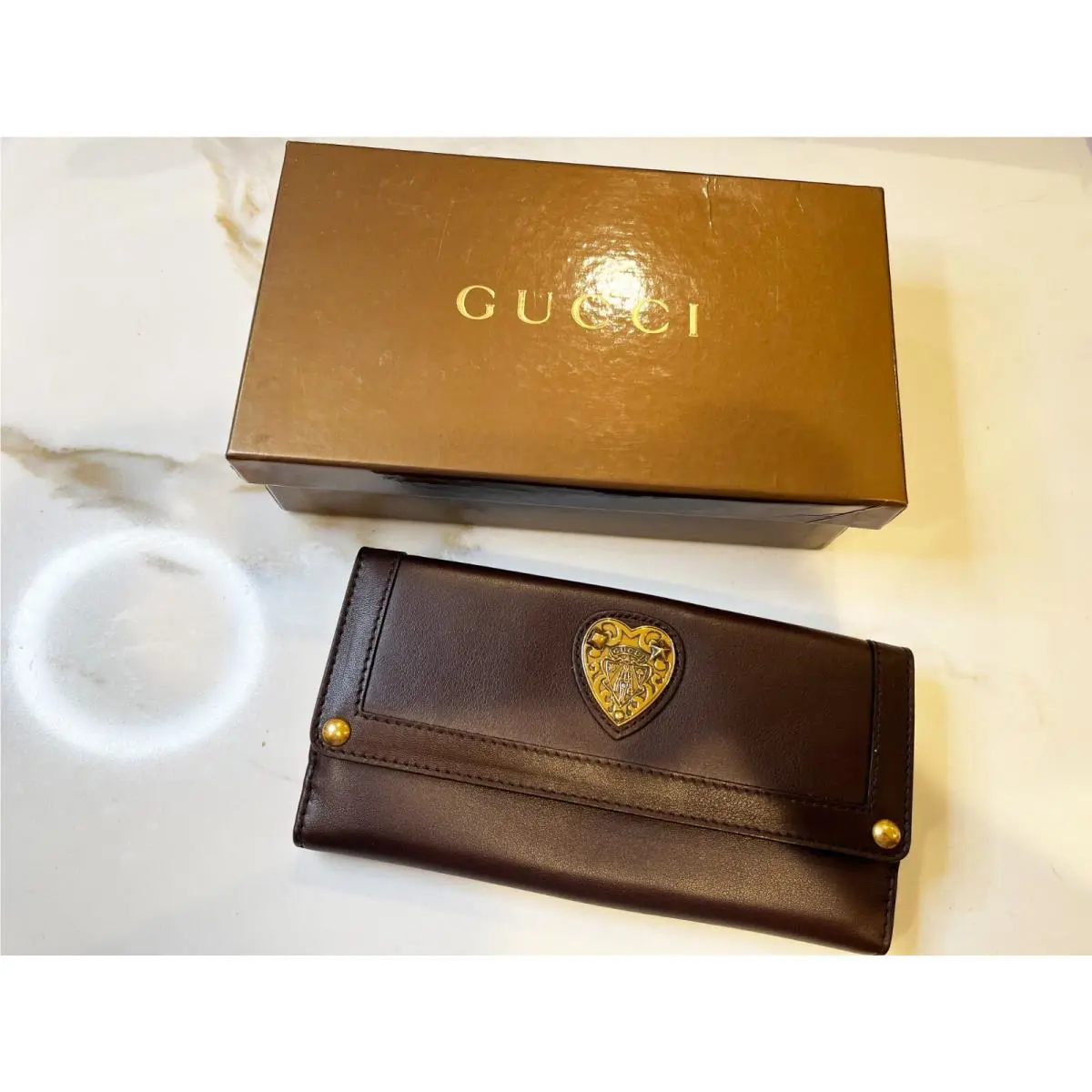 Vintage Gucci Long Wallet Leather Brown Heart GG