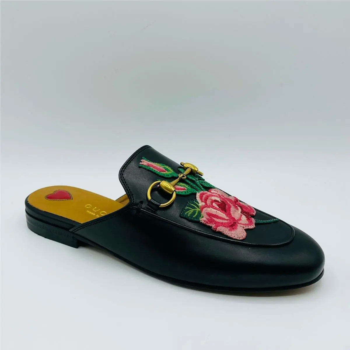 Gucci Princetown Black Leather Rose Flower Mule Sandal 34.5/US 4.5 449267