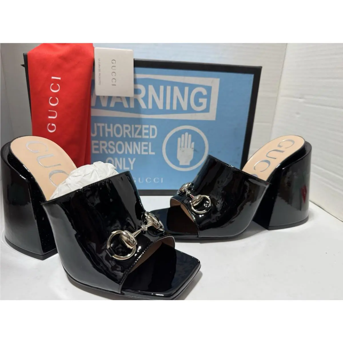 US 6.5 EU 36.5 Horsebit Black Patent Leather High Heel Sandals Slides by Gucci