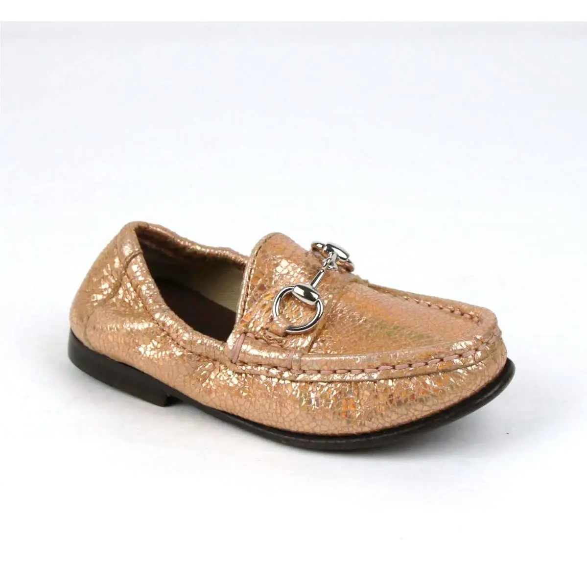 Gucci Kid`s Salmon Pink Crackled Metallic Leather Horsebit Loafer 24 340742 5702