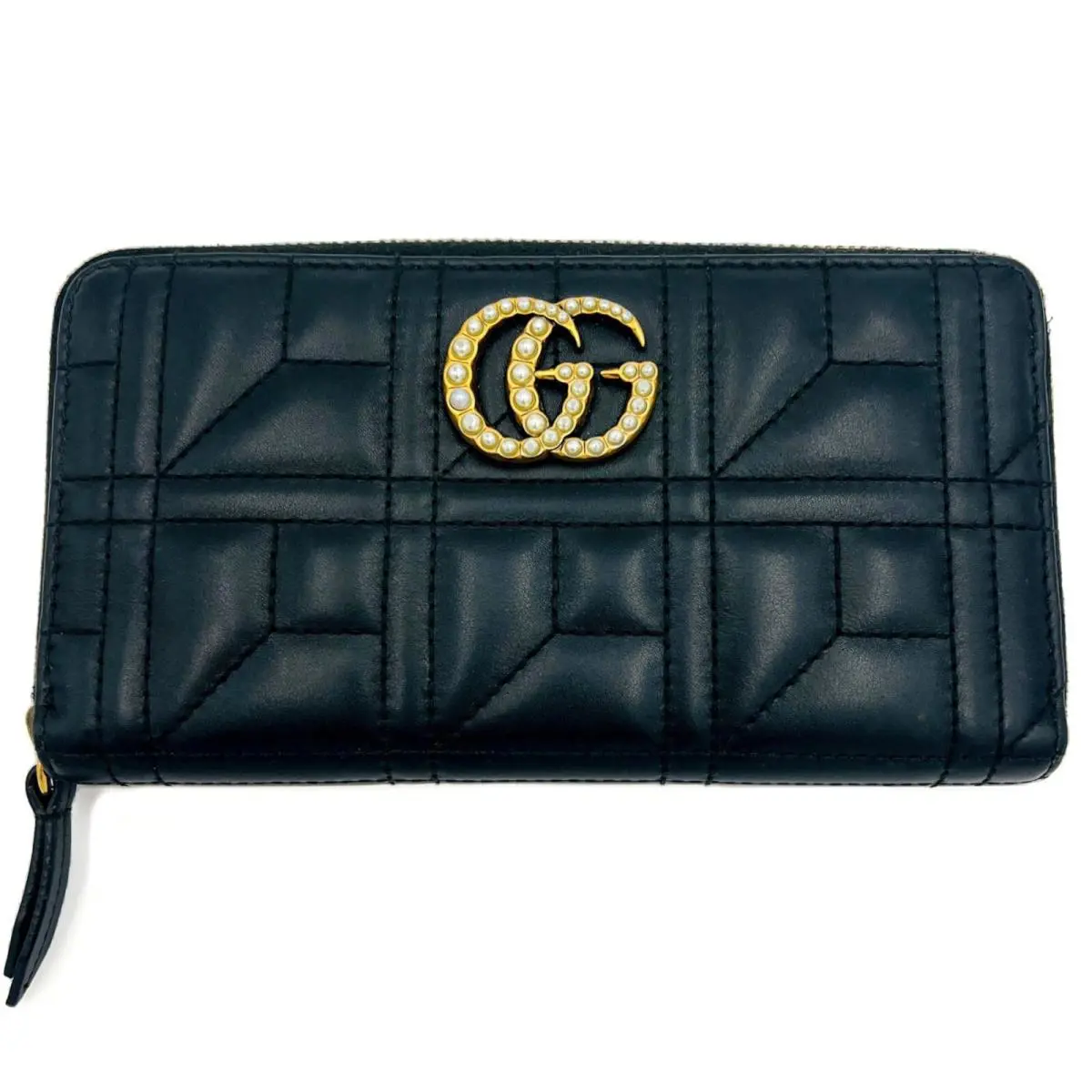 Gucci GG Marmont Leather Chevron Pearl Apollo Black Wallet Italy Box Gold