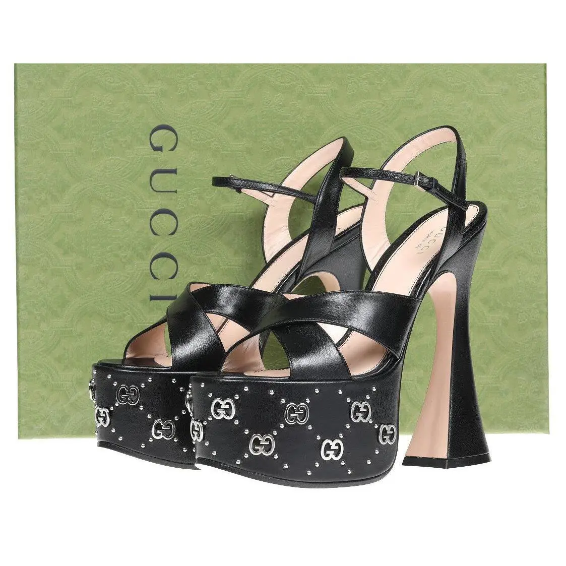 Gucci Luxury Black Leather Interlocking G Studs Sandals Shoes 38/US 8
