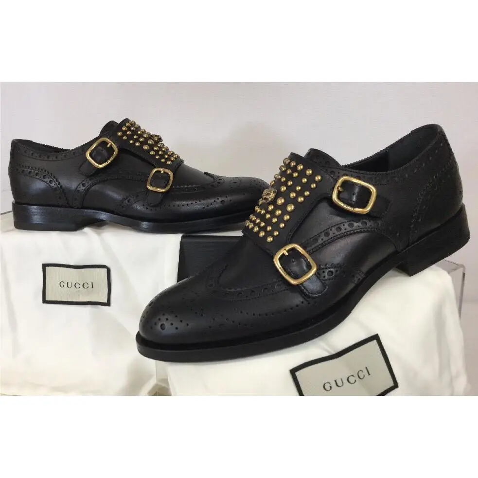 Gucci Queercore Brogue Monk Strap Oxford Nero Black Leather Men`s 6.5