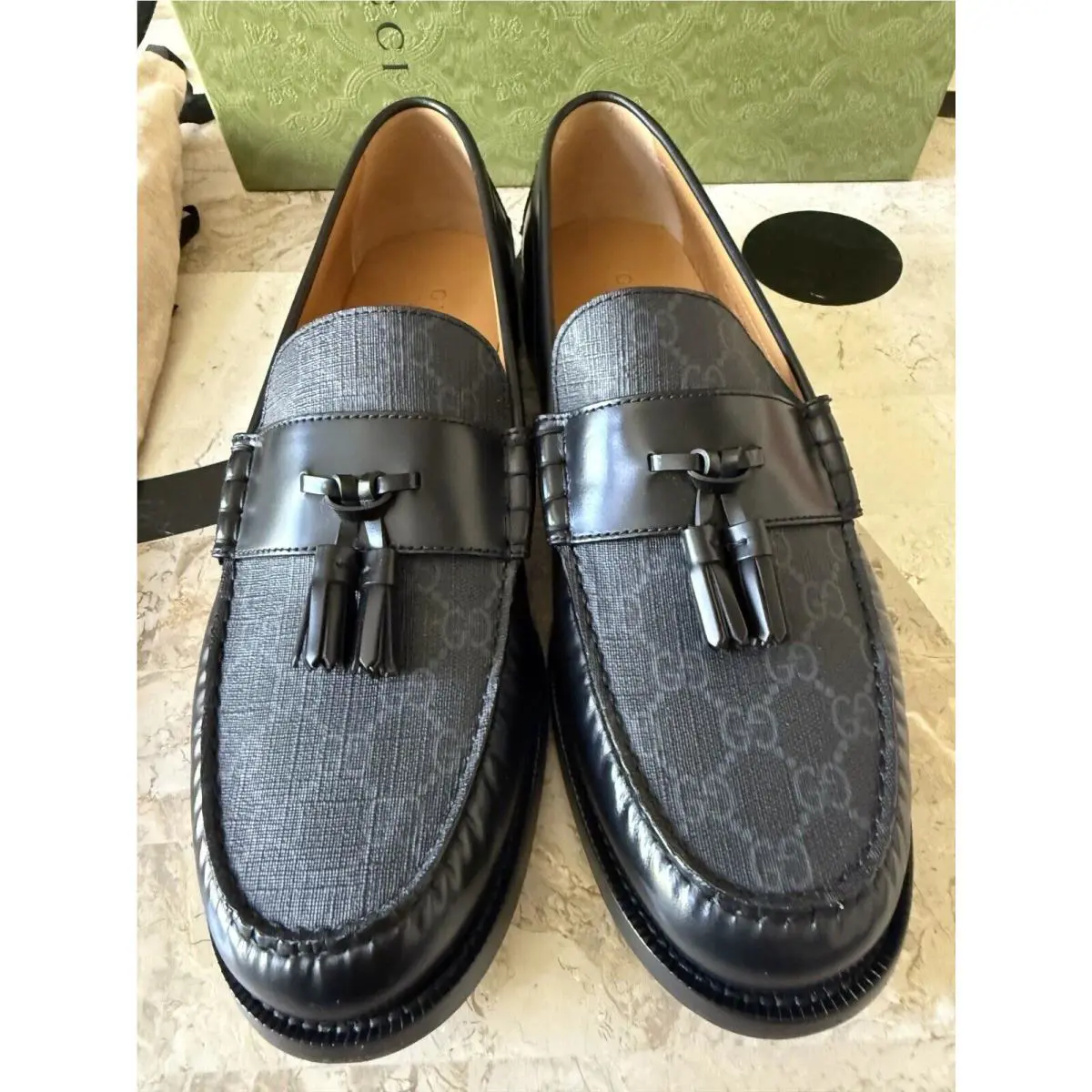 Gucci Black Leather and GG Monogram Canvas Loafers Shoes Men`s UK 13 US 13.5