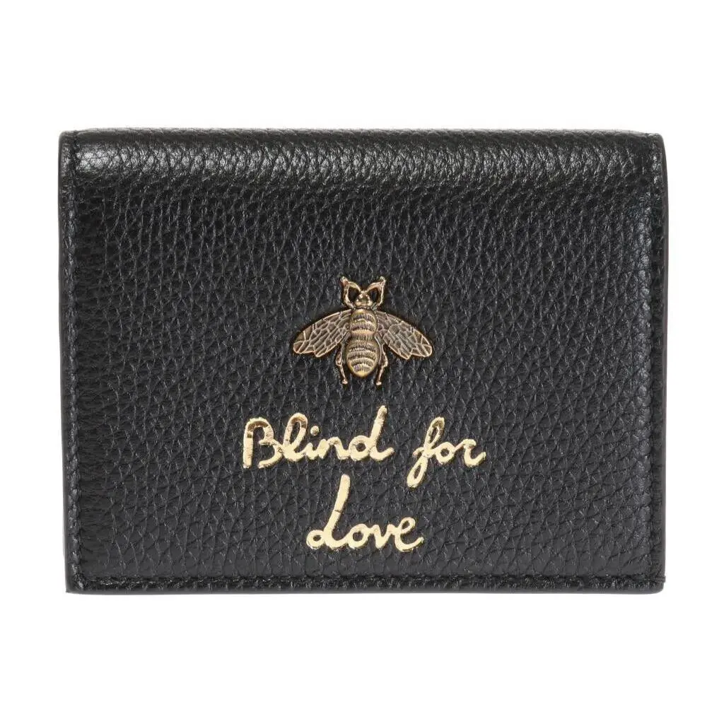 Gucci Blind For Love Bee Black GG Foldover Snap Wallet Italy Leather