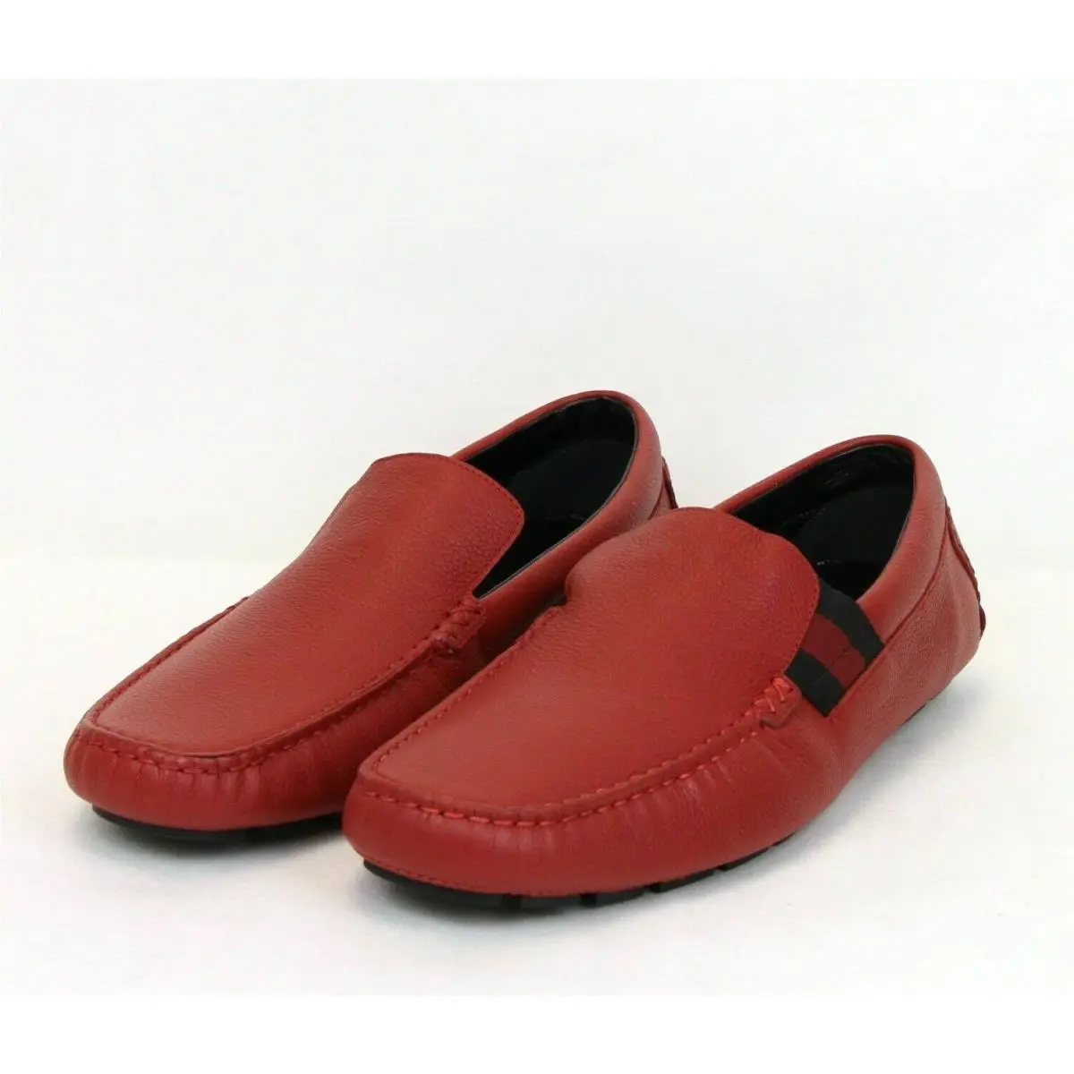 Gucci Men`s Red Soft Leather Loafer Shoes with Web 363835 G 7 US 7.5