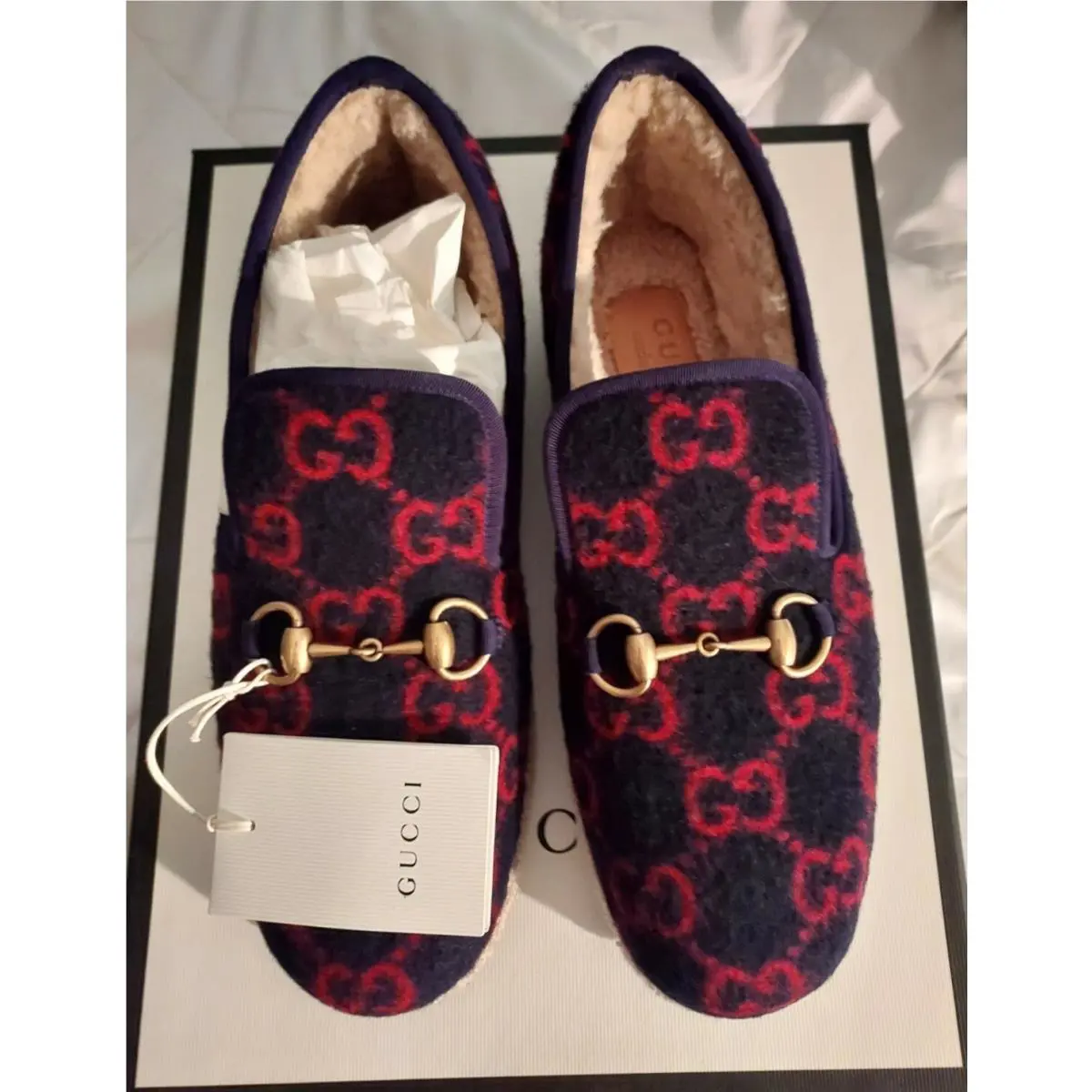 Gucci Blue Red Logo Print Wool Fria Horsebit Loafers Flats SZ 37 M7/W9