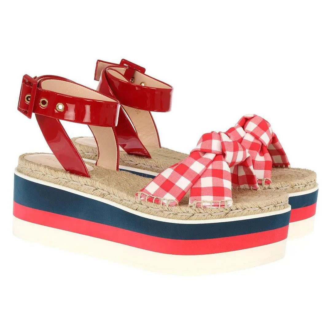 Gucci Red Patent Web Wedge Platform Sandals Shoes 39.5/US 9.5 Rfid Code - Red