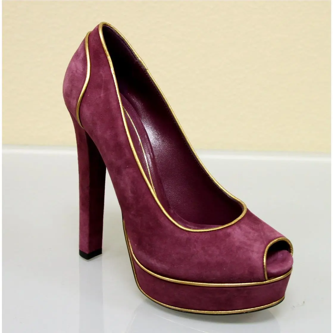 Gucci Suede Platform Shoes 39.5/9.5 W/gold Trim Purple 278262