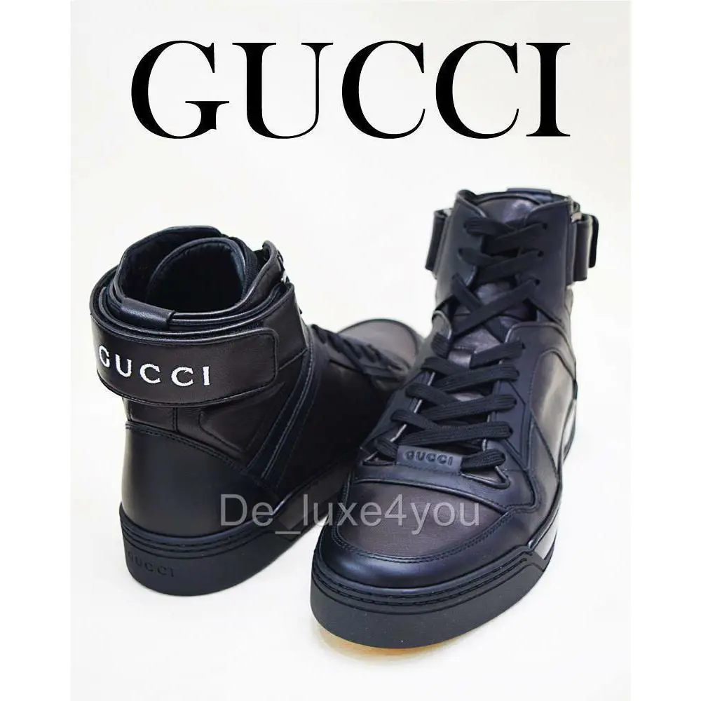 Gucci Men`s High-top Black Mirosoft Leather Embossed Sneakers 5.5 - US 6.5