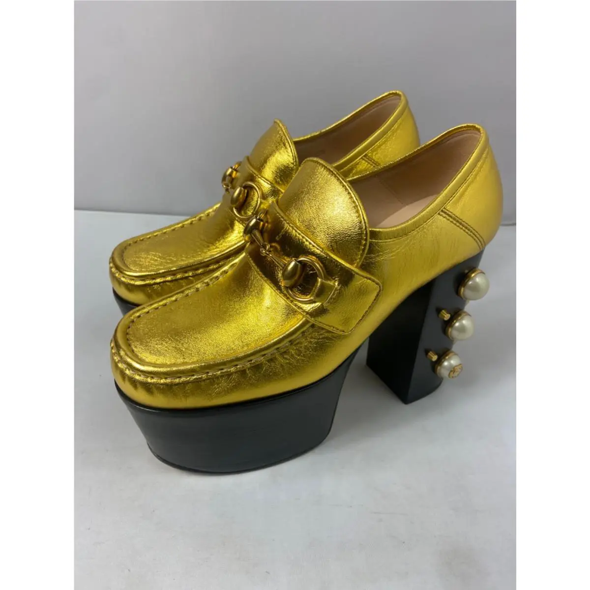 Gucci Women`s Studded Platform Loafers Gold US 5