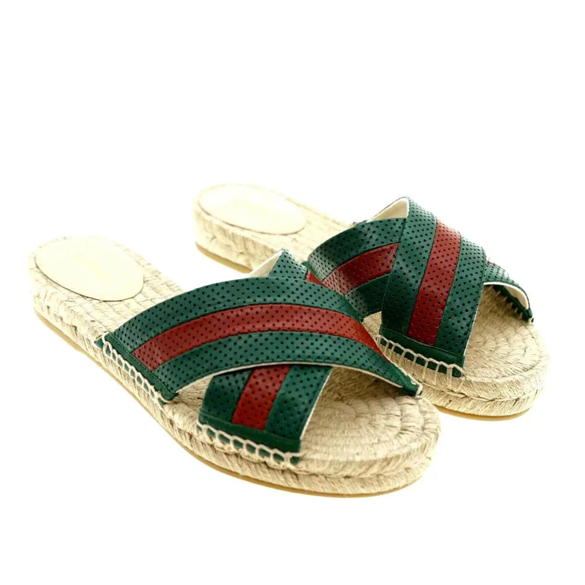 Stripes Green Red Web Perforated Slide Sandals Size 7.5 37.5 624310 by Gucci