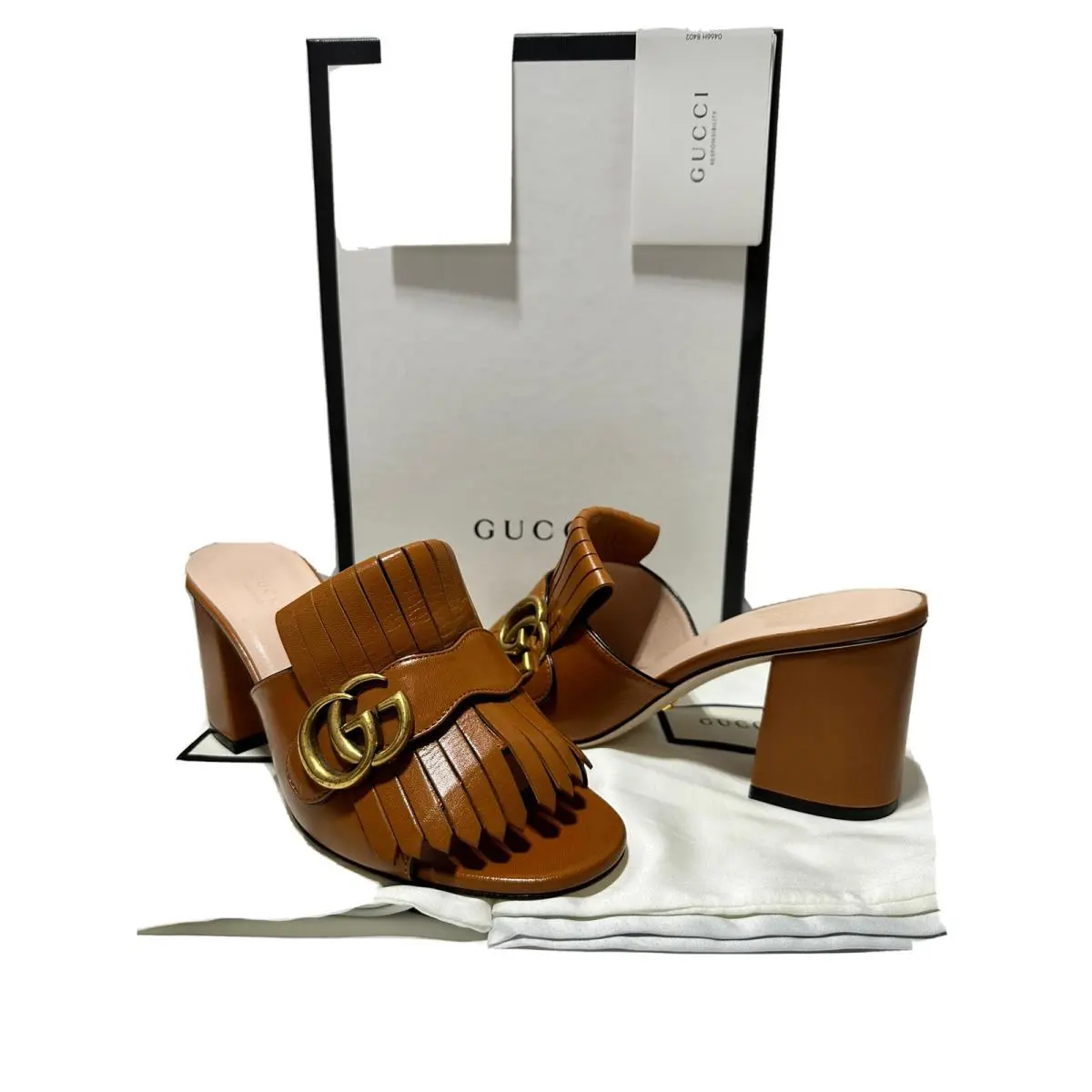 US 6.5 EU 36.5 Shoes Marmont GG Fringe Brown Leather Mid Heel Sandals by Gucci