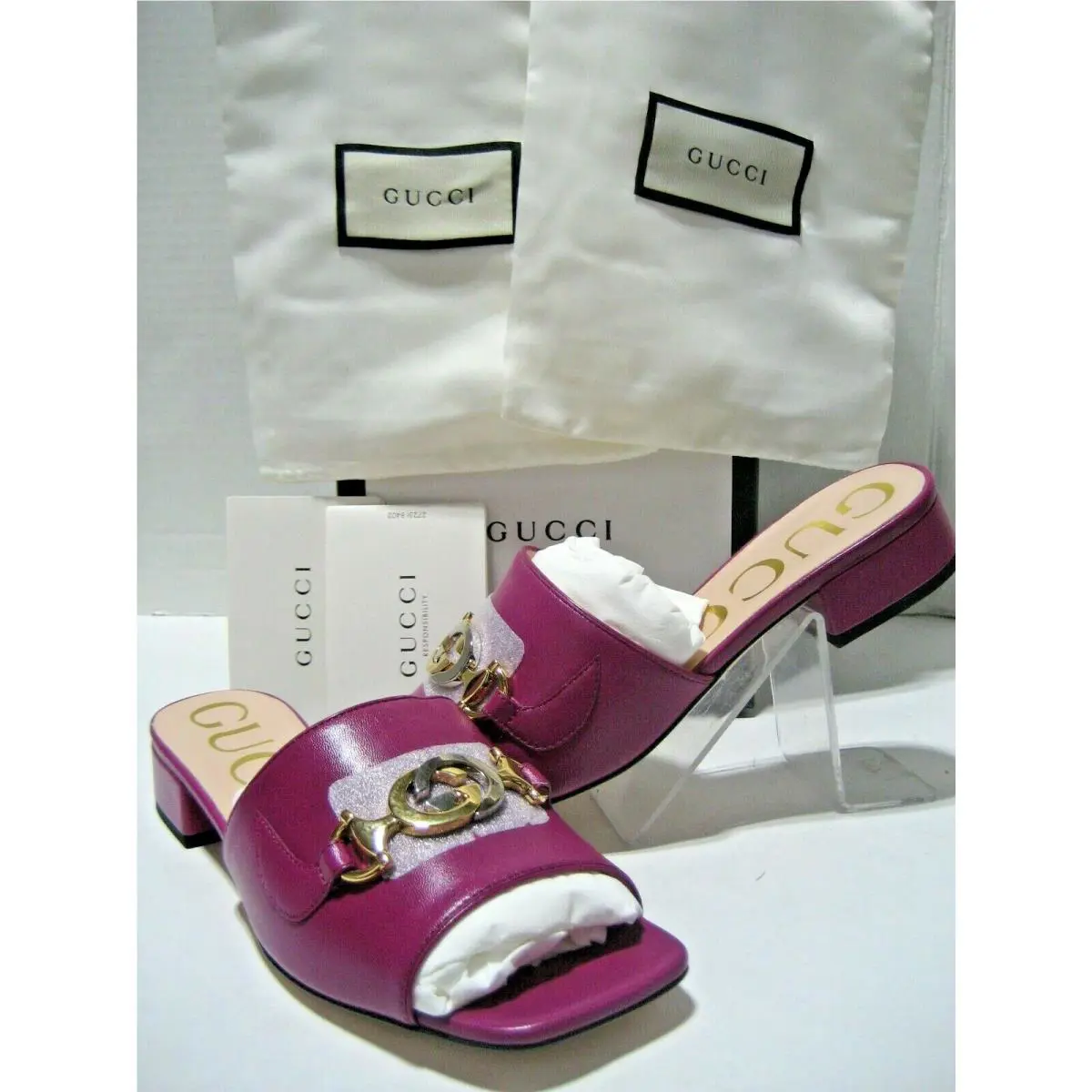 Gucci Women US 5 EU 35 Zumi Gold/silver GG Logo Pink Leather Sandals Shoes