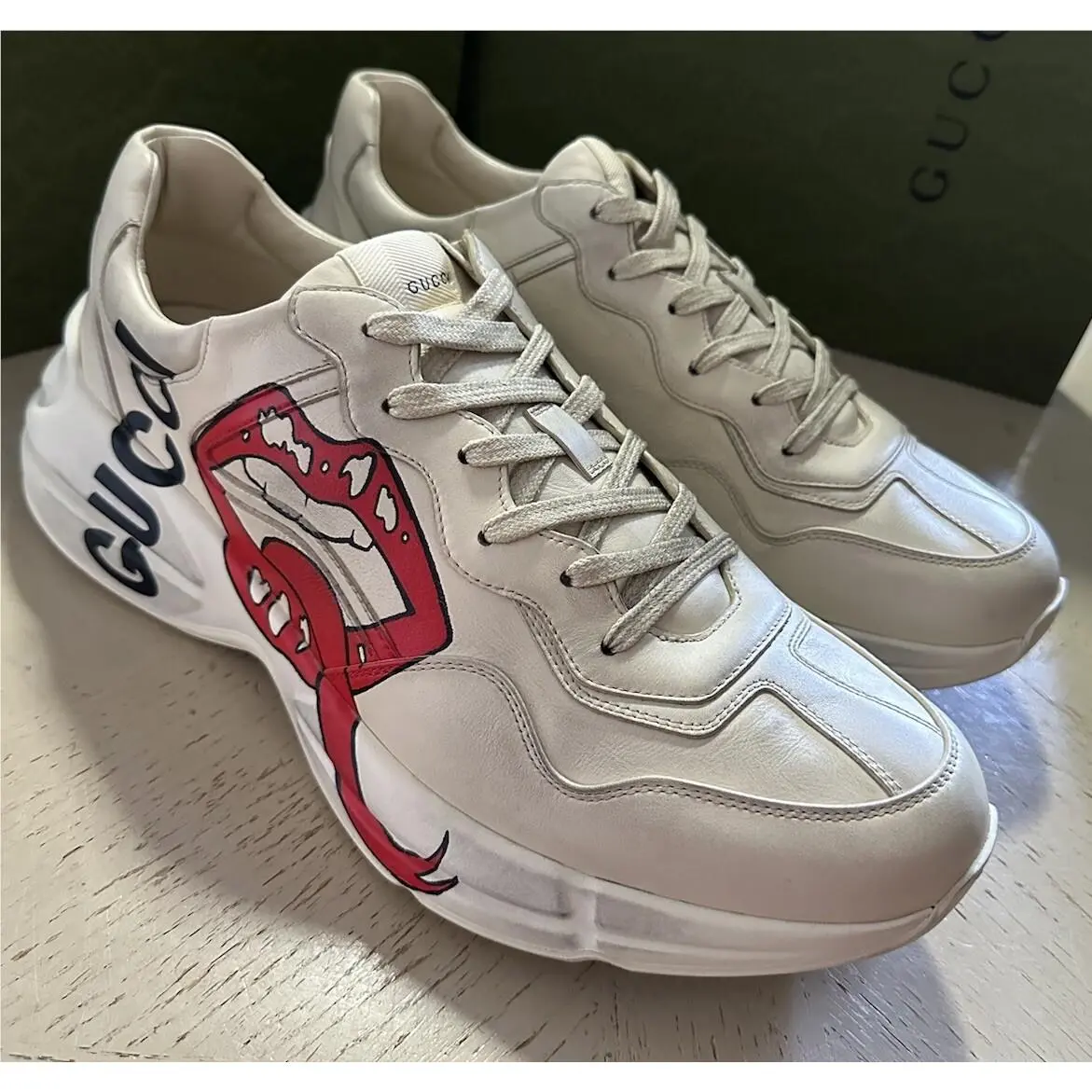 Gucci Men Leather Rython Dirty Mouth Sneakers Ivory 15 US/14 UK 552089