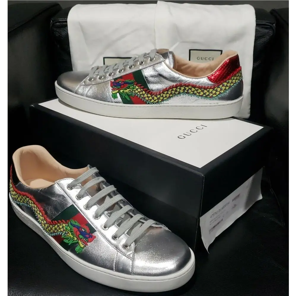 Gucci Ace Embroidered Men’s Sneaker Silver Dragon Size 15.5 US/49.5 EU