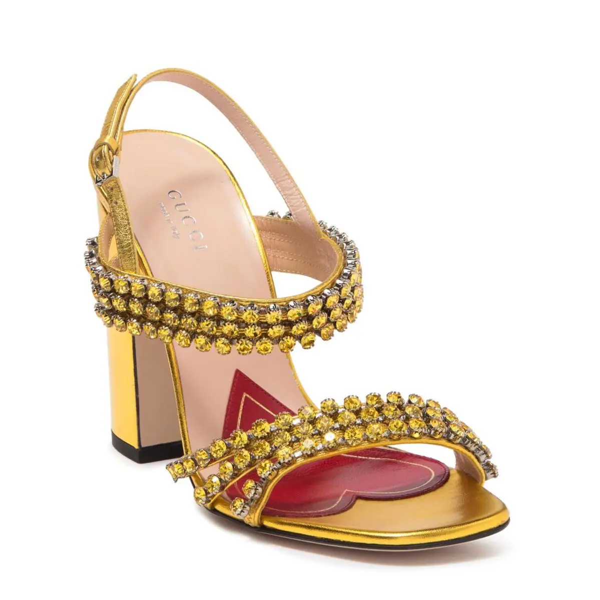 Gucci Bertie Women`s Gold Leather Heel Sandal W/crystal 35.5/US 5.5 549613 8071