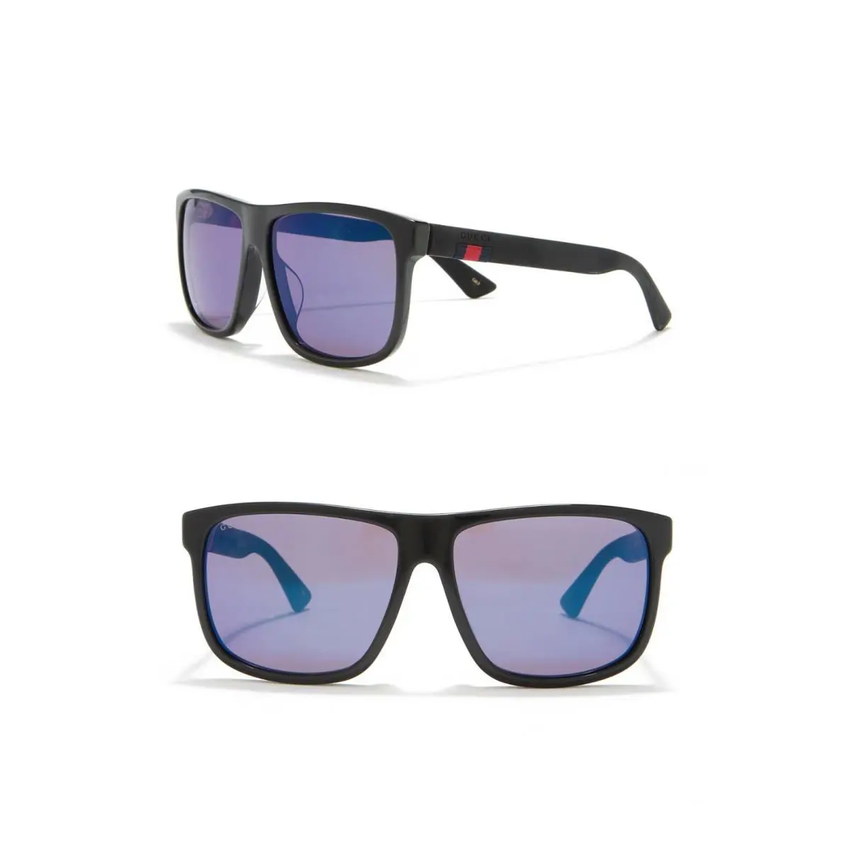 Gucci GG0010SA Shiny Black Rectangle Frame Blue Mirror Lens Sunglasses 59 15 150