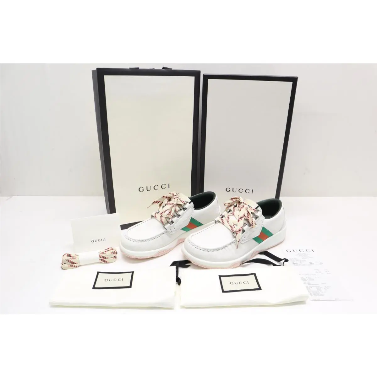 Gucci Sneakers Mens Agrado Web Stripe White Leather Shoes Size 4.5