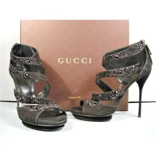 36.5/6.5 Black Suede Strappy Rhinestone Platform Sandals Heels by Gucci