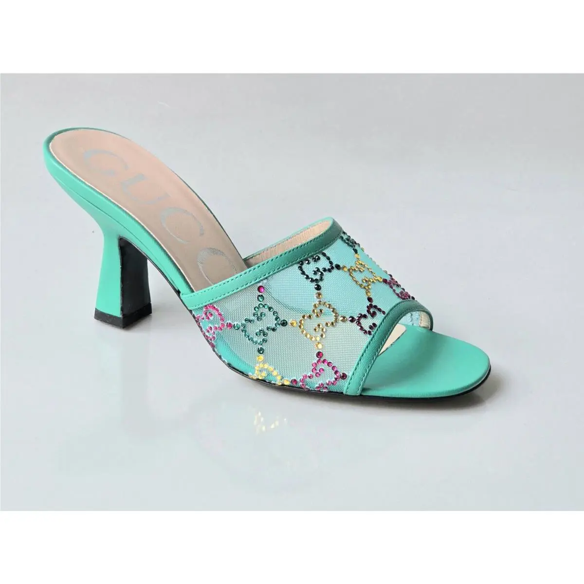Turquoise Green Leather Mesh Slides 34.5 4.5 Crystal GG Shoes Tela by Gucci